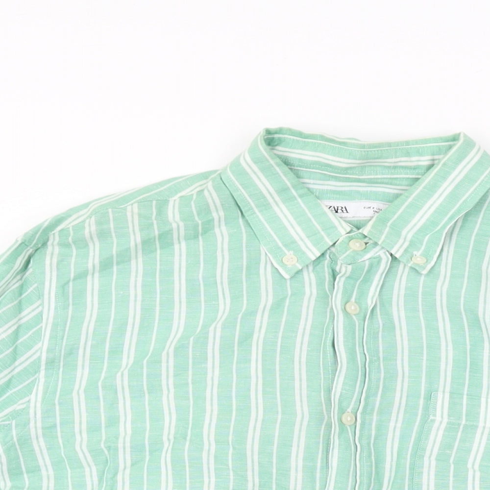 Zara Womens Green Striped Viscose Basic Button-Up Size S Collared