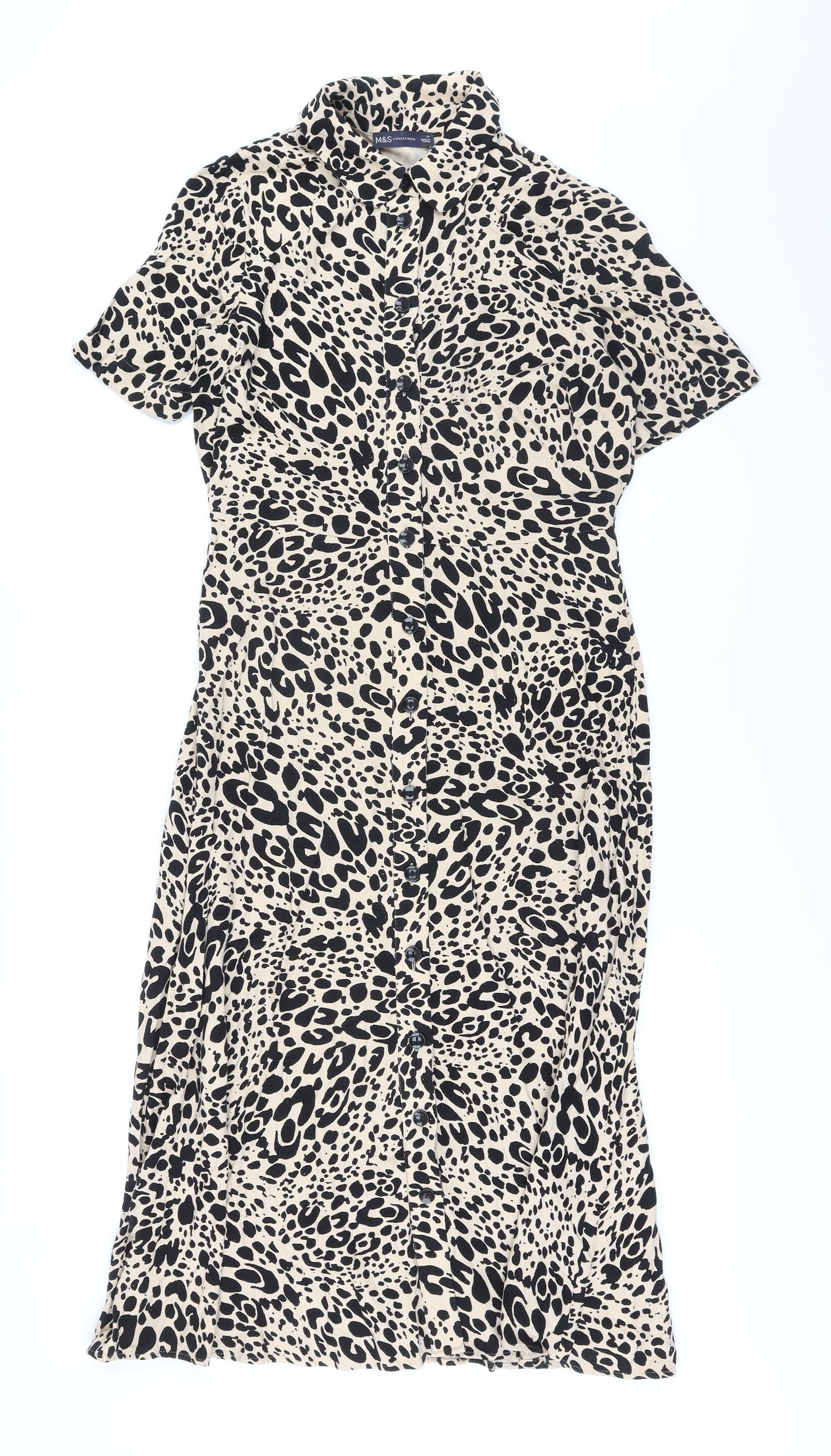 Marks and Spencer Womens Beige Animal Print Viscose A-Line Size 12 Collared Button