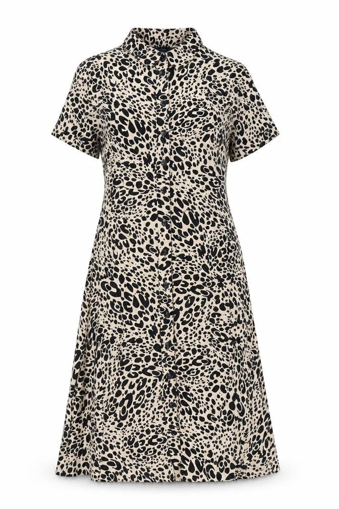 Marks & Spencer Womens Beige Animal Print Viscose A-Line Size 12 Collared Button