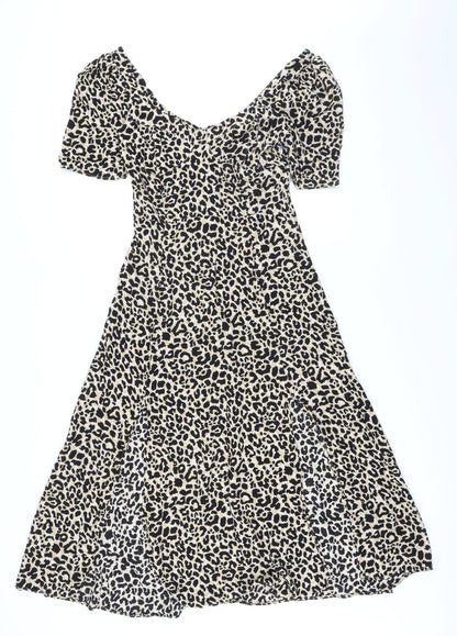 Additional front view of ASOS women’s beige animal print polyester a-line, size UK 8, scoop neck button