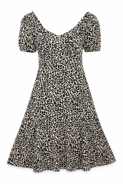 Front view of ASOS women’s beige animal print polyester a-line, size UK 8, scoop neck button