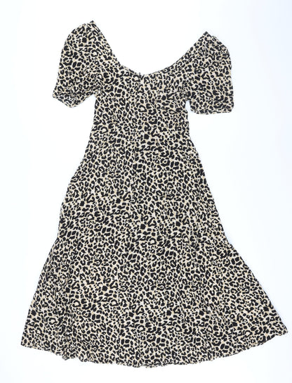 Back view of ASOS women’s beige animal print polyester a-line, size UK 8, scoop neck button