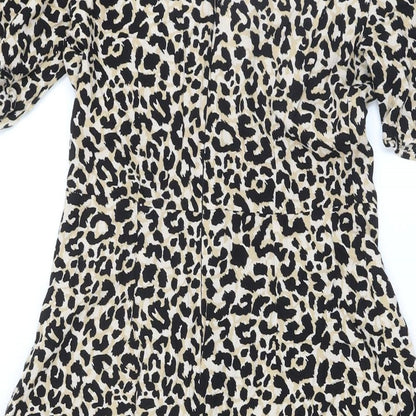 Brand and care label for ASOS women’s beige animal print polyester a-line, size UK 8, scoop neck button