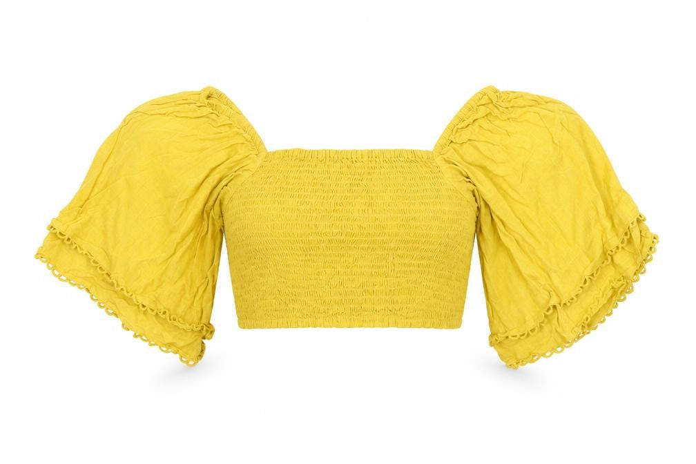 Boohoo Womens Yellow Cotton Cropped Button-Up Size 14 Square Neck - Smocked detail