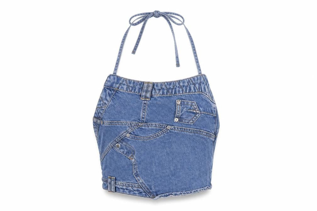 Boohoo Womens Blue Cotton Cropped Button-Up Size 12 Halter