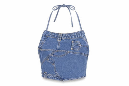 Boohoo Womens Blue Cotton Cropped Button-Up Size 12 Halter
