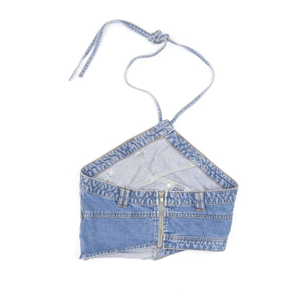 Boohoo Womens Blue Cotton Cropped Button-Up Size 12 Halter