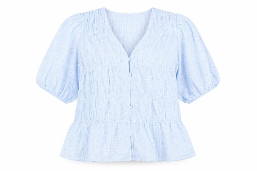 Gallery Womens Blue Check Polyester Basic Button-Up Size 18 V-Neck - Smocked detail