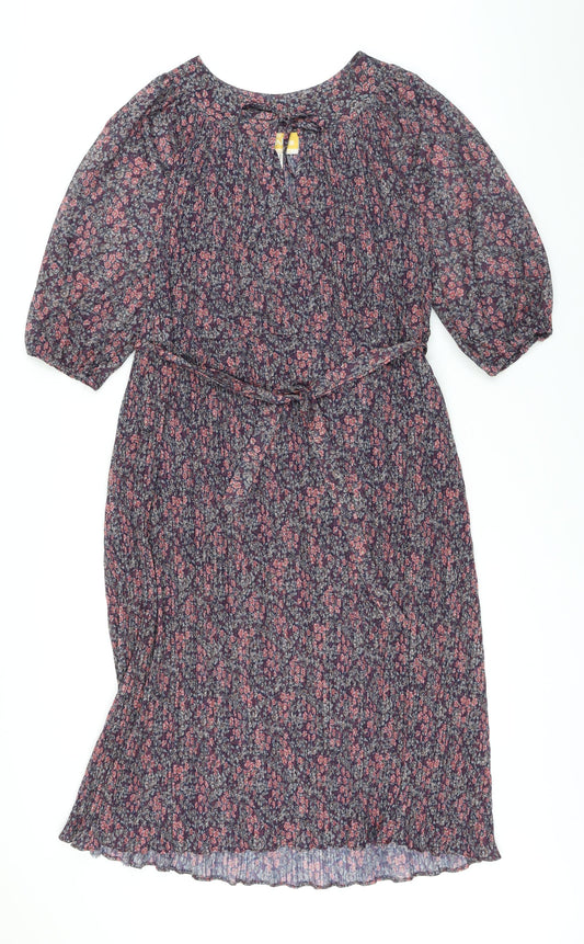 Beskestex Womens Multicoloured Floral Polyester A-Line Size 12 Round Neck Tie - Pleated front