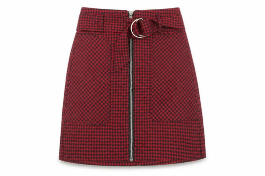 Stradivarius Womens Red Check Polyester A-Line Skirt Size 4 Zip