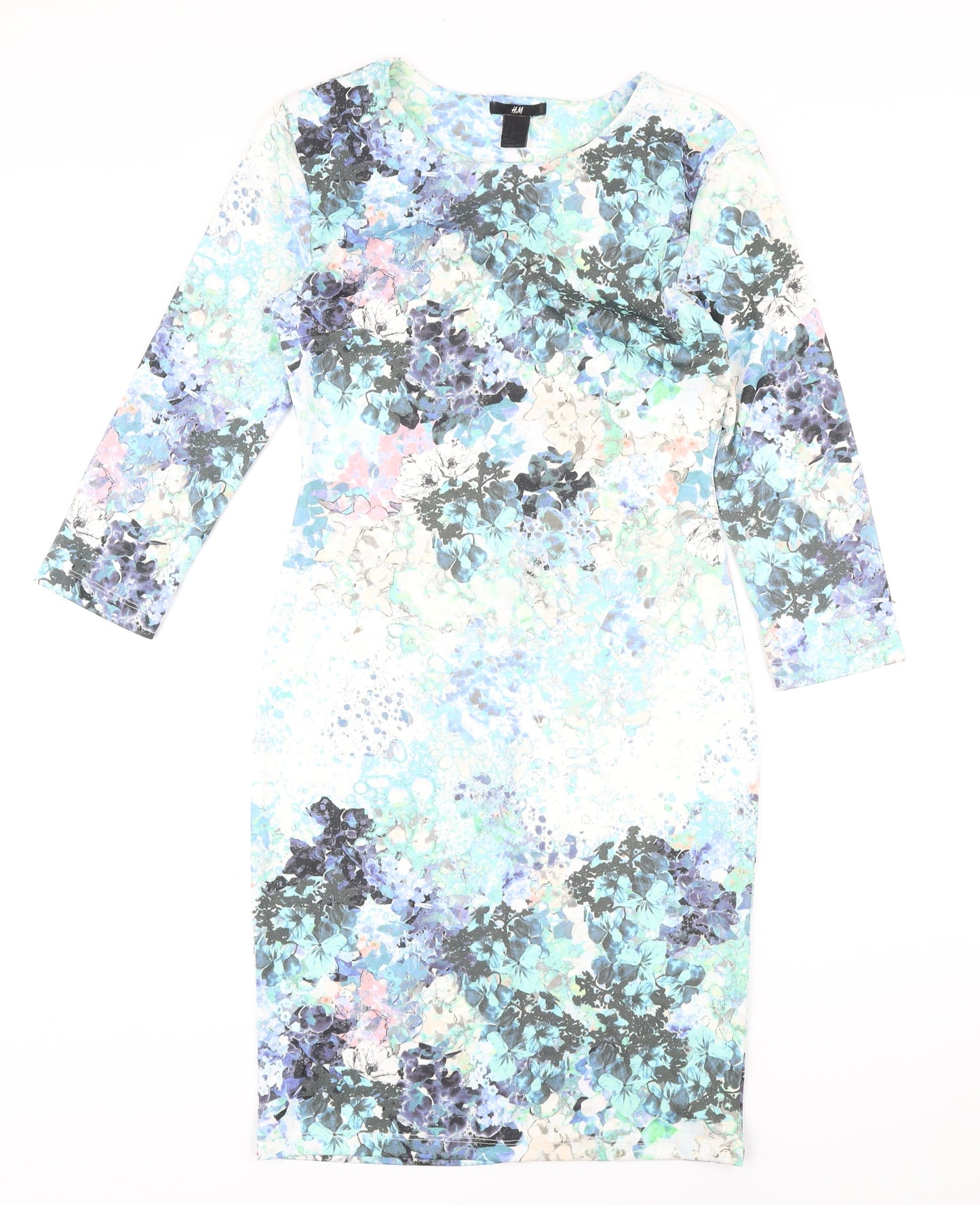 H&M Womens Multicoloured Floral Polyester Pencil Dress Size S Round Neck