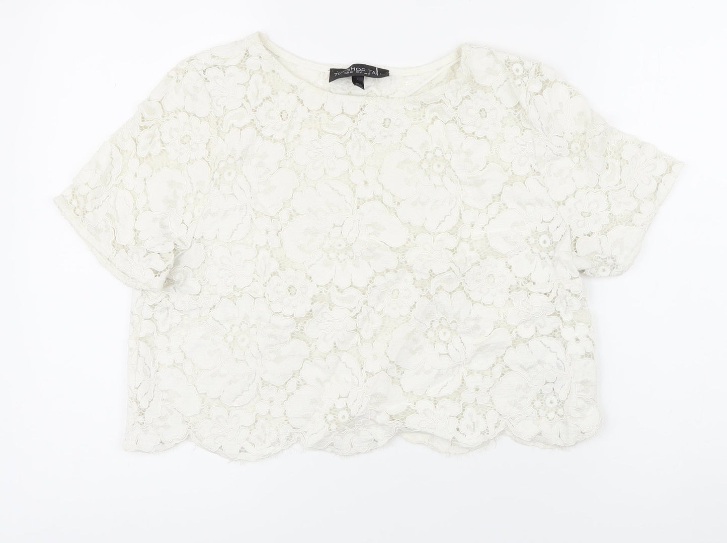 Topshop Womens White Cotton Basic Button-Up Size 12 Boat Neck - Lace up detail