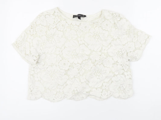Topshop Womens White Cotton Basic Button-Up Size 12 Boat Neck - Lace up detail