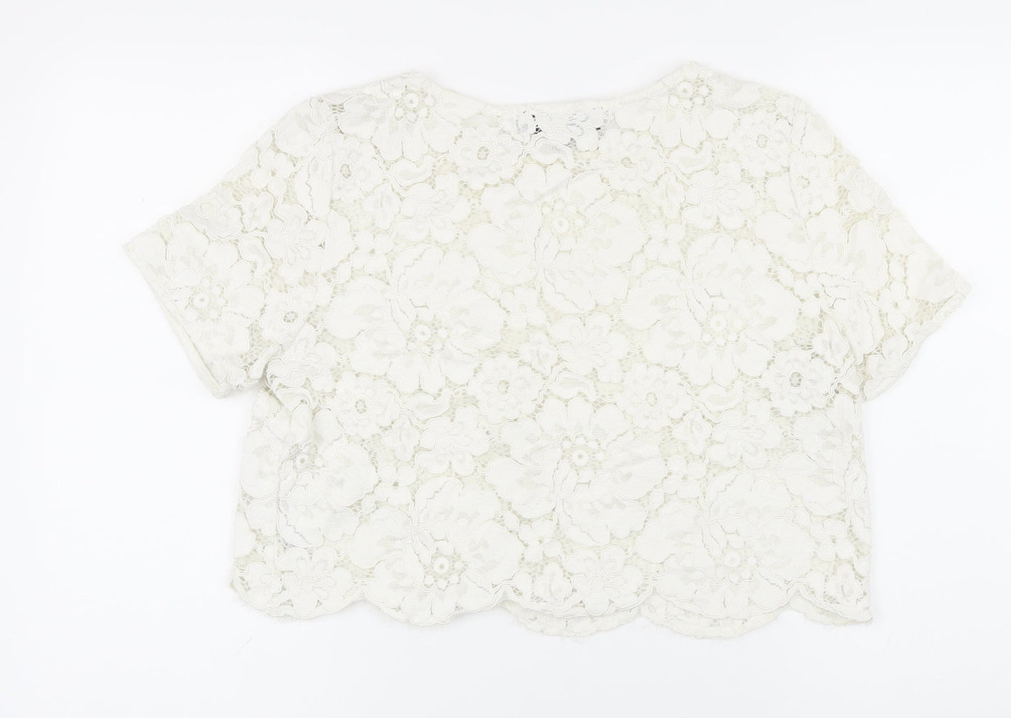 Topshop Womens White Cotton Basic Button-Up Size 12 Boat Neck - Lace up detail