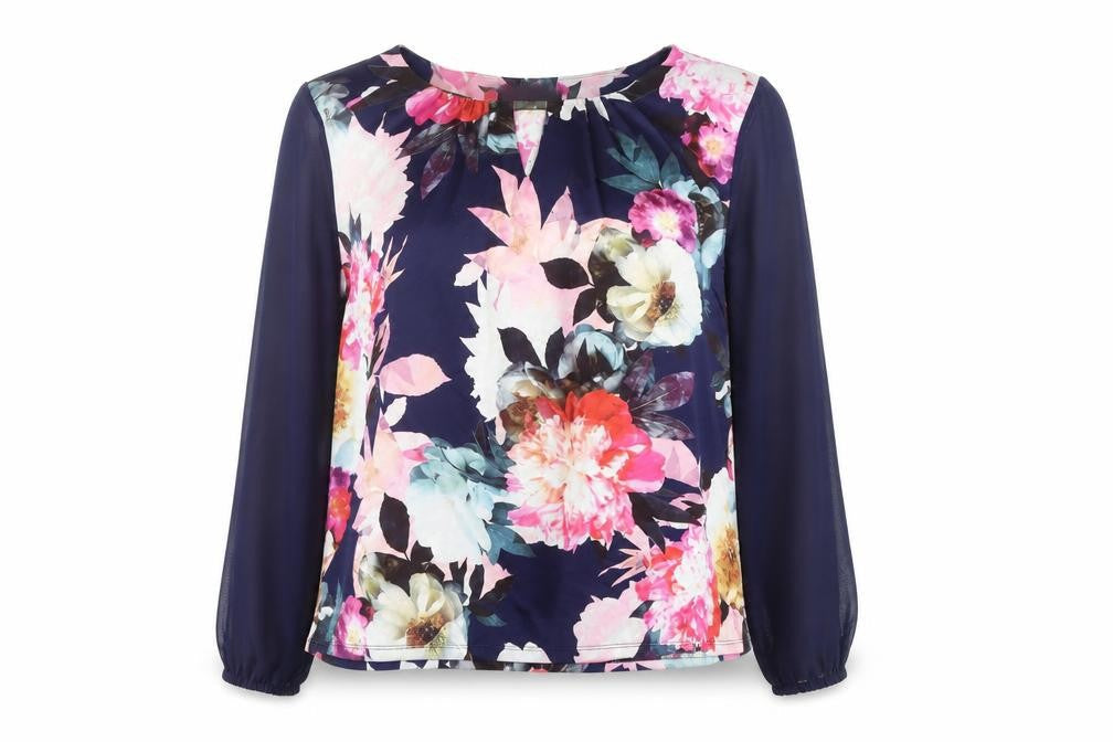 Billie & Blossom Womens Blue Floral Polyester Basic Button-Up Size 18 Round Neck - Sheer Sleeves