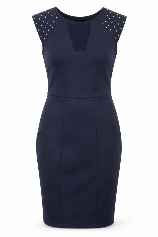 Dorothy Perkins Womens Blue Polyester Pencil Dress Size 8 Round Neck - Embellished Shoulders