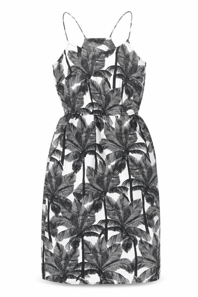 H&M Womens White Polyester A-Line Size 6 Square Neck - Palm Trees