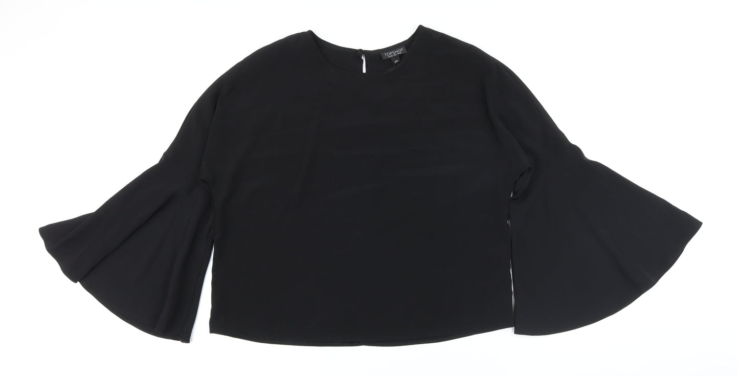 Topshop Womens Black Polyester Basic Button-Up Size 10 Round Neck - Big Sleeves