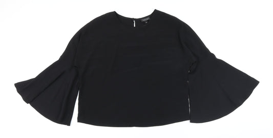 Topshop Womens Black Polyester Basic Button-Up Size 10 Round Neck - Big Sleeves