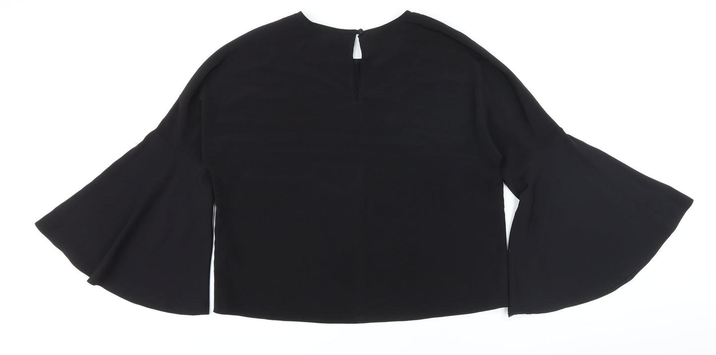 Topshop Womens Black Polyester Basic Button-Up Size 10 Round Neck - Big Sleeves