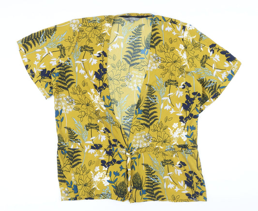 Lily & Me Womens Yellow Floral Polyester Basic Button-Up Size 16 V-Neck