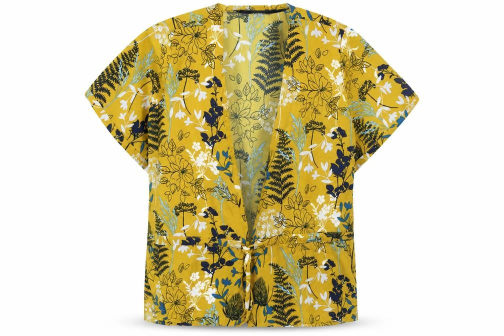 Lily & Me Womens Yellow Floral Polyester Basic Button-Up Size 16 V-Neck