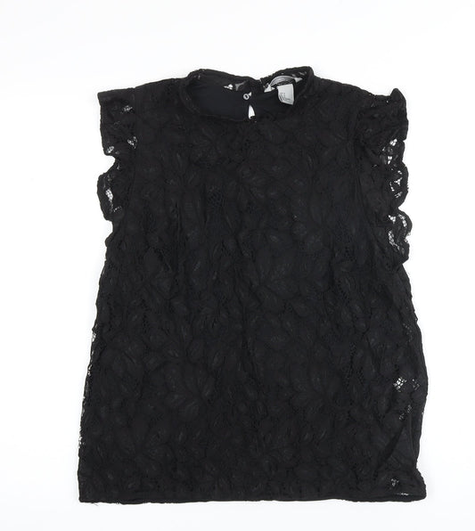 H&M Womens Black Cotton Basic Button-Up Size M Mock Neck - Lace Overlay