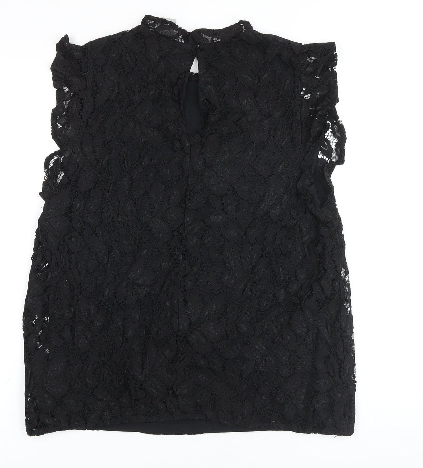 H&M Womens Black Cotton Basic Button-Up Size M Mock Neck - Lace Overlay