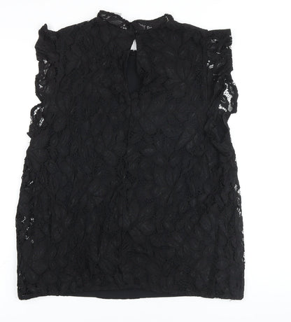 H&M Womens Black Cotton Basic Button-Up Size M Mock Neck - Lace Overlay
