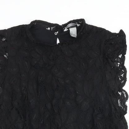 H&M Womens Black Cotton Basic Button-Up Size M Mock Neck - Lace Overlay