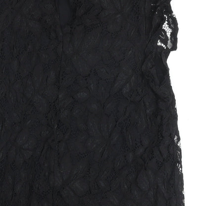 H&M Womens Black Cotton Basic Button-Up Size M Mock Neck - Lace Overlay