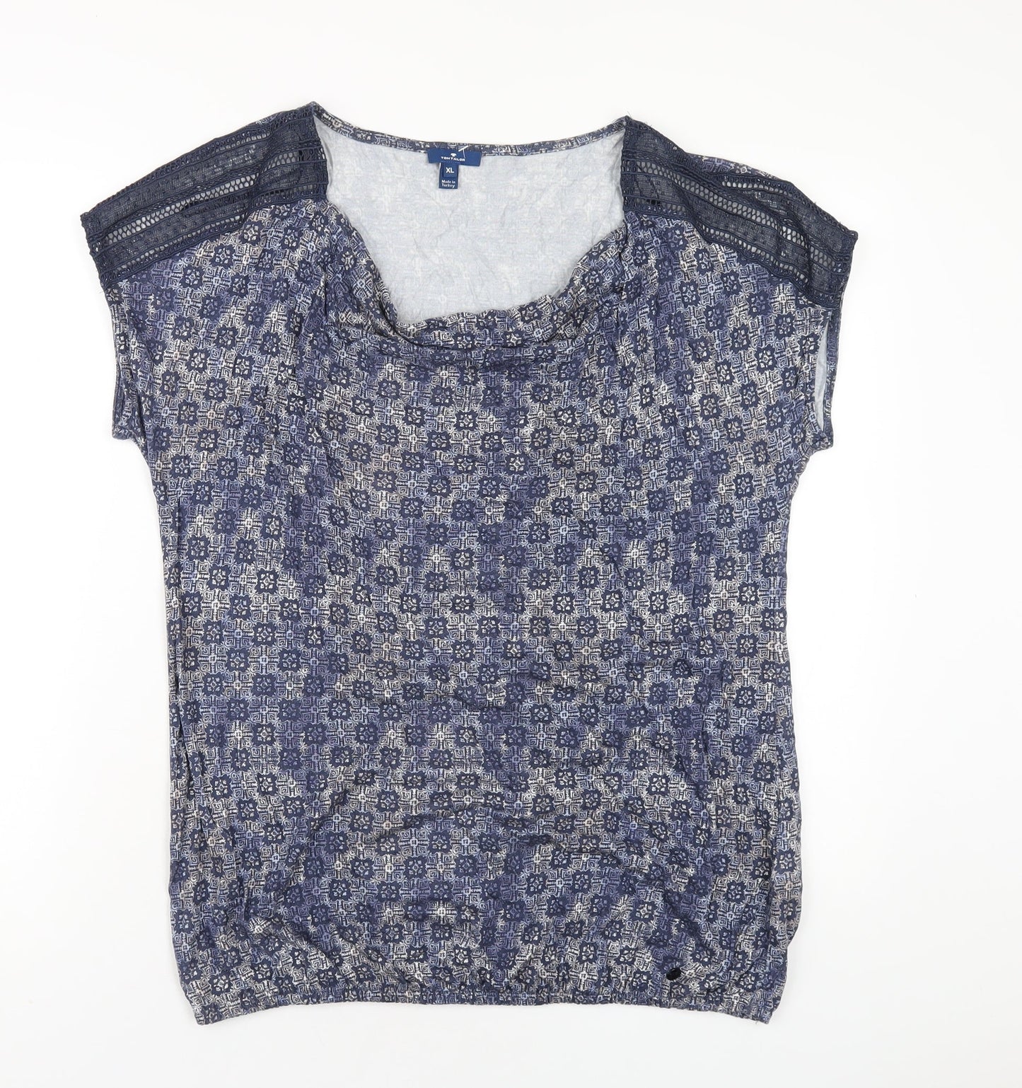 TOM TAILOR Womens Blue Geometric Cotton Basic T-Shirt Size XL Cowl Neck