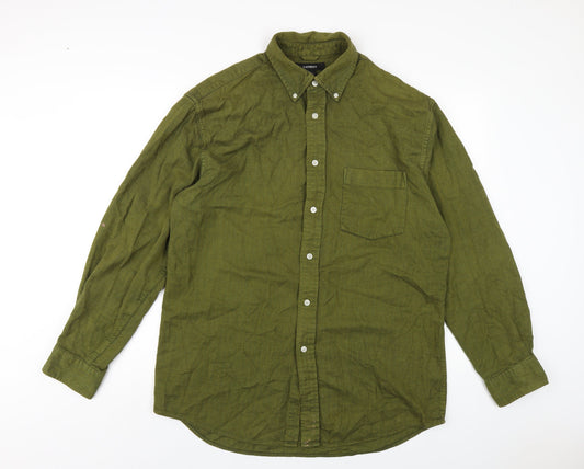 Express Mens Green Cotton Button-Up Size L Collared Button