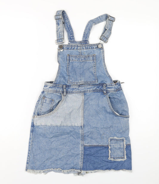 Red Herring Womens Blue Cotton Pinafore/Dungaree Dress Size 10 Square Neck Zip