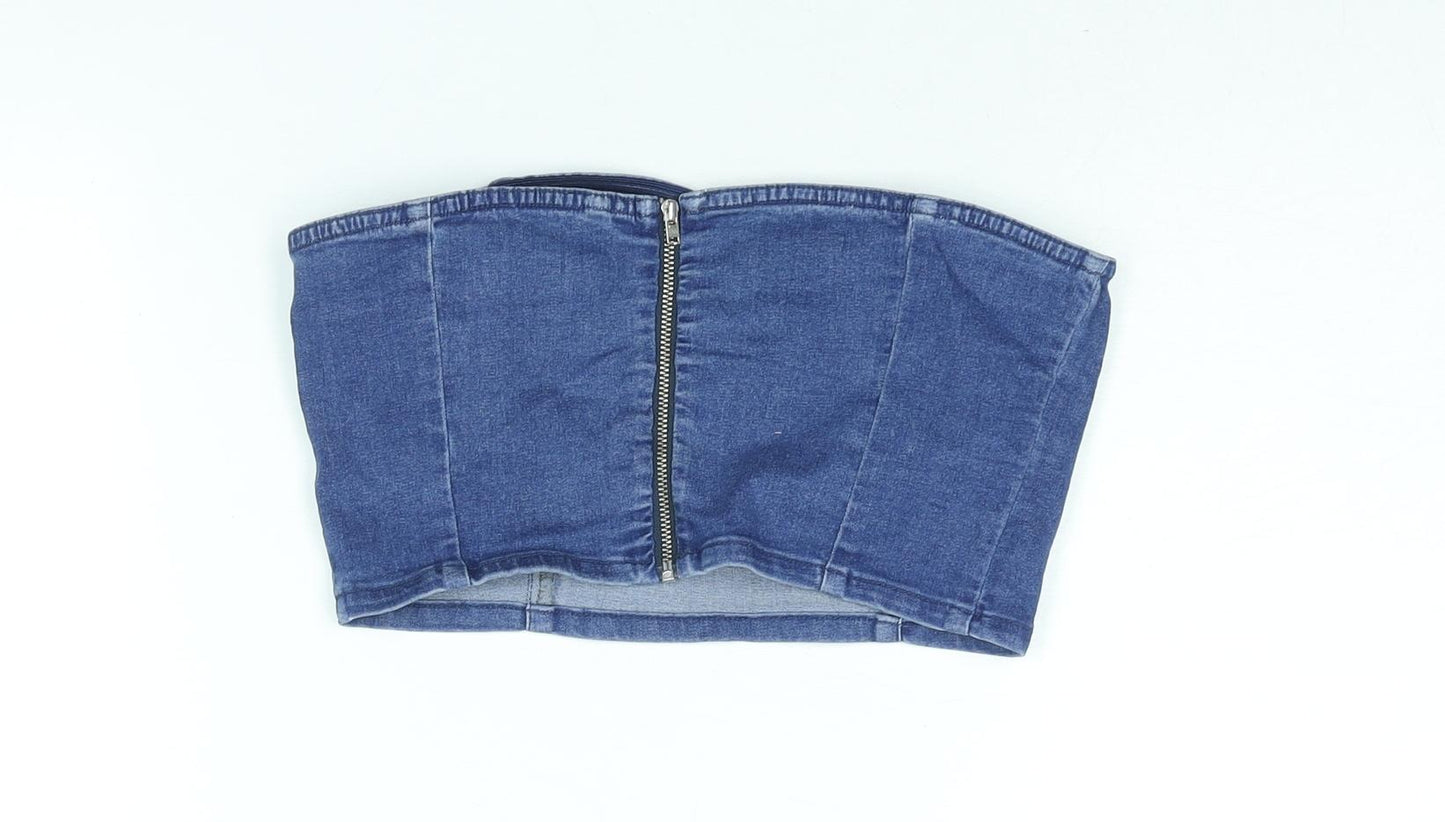 Topshop Womens Blue Cotton Cropped Blouse Size 12 Square Neck - Bandeau