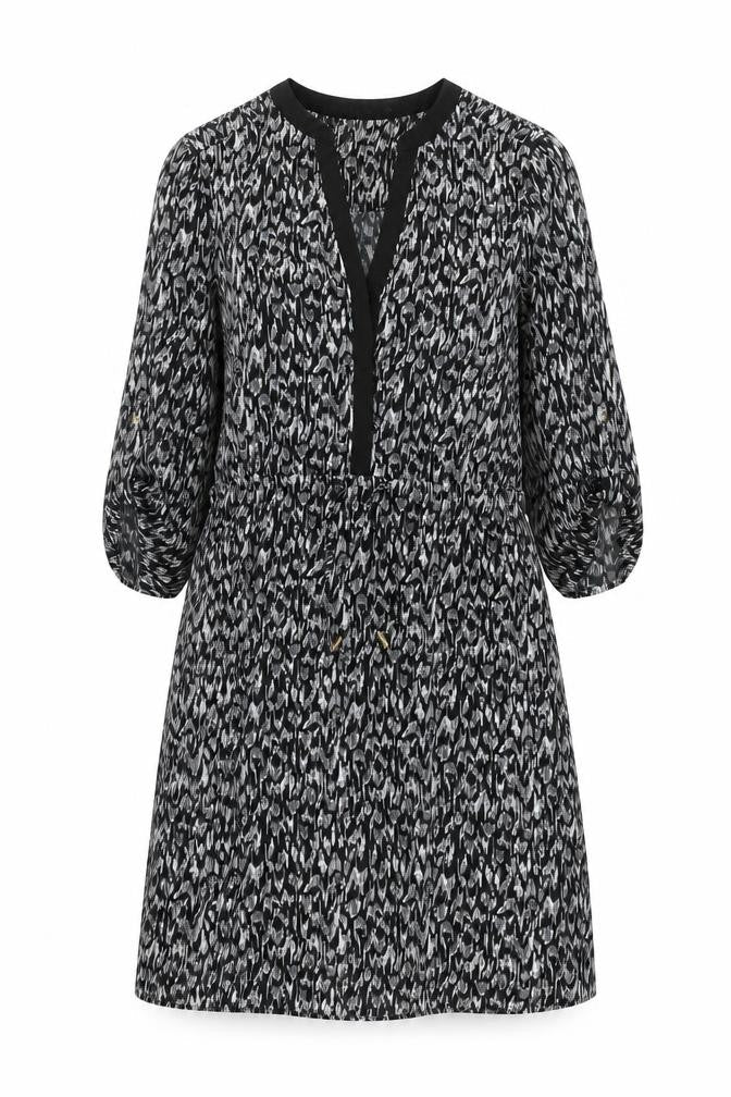 H&M Womens Black Geometric Polyester A-Line Size 12 V-Neck Button - Drawstring Waist