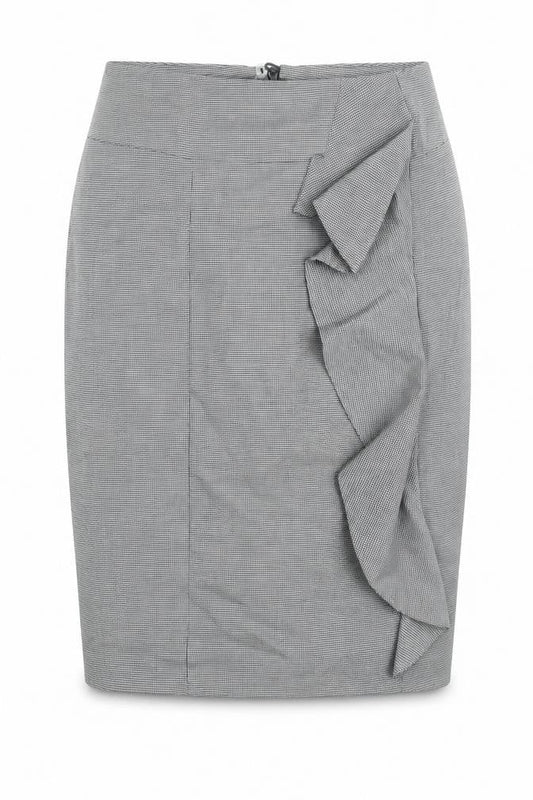 Marks & Spencer Womens Grey Check Polyester Straight & Pencil Skirt Size 14 Zip - Waterfall Frill Houndstooth
