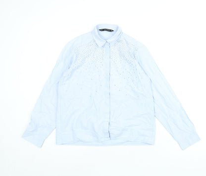 Zara Womens Blue Polyester Basic Button-Up Size XS Collared - Rhinestone Detail