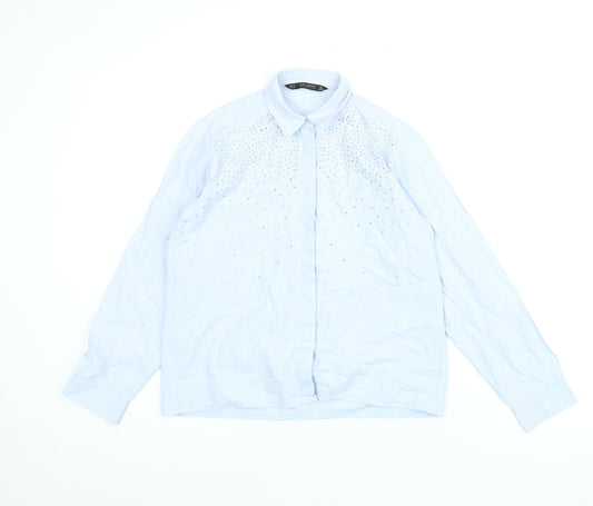 Zara Womens Blue Polyester Basic Button-Up Size XS Collared - Rhinestone Detail