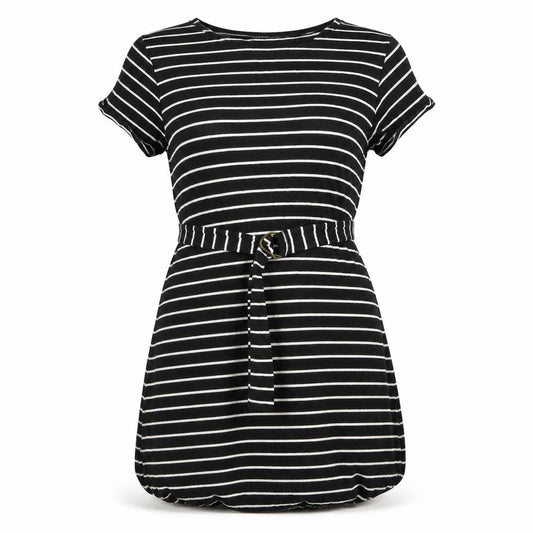 Marks & Spencer Womens Black Striped Viscose T-Shirt Dress Size 8 Round Neck Pullover - Belted