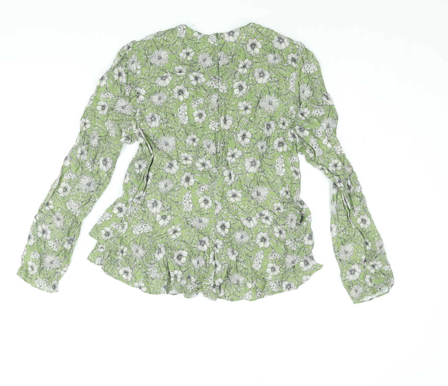 Zara Womens Green Floral Viscose Basic Blouse Size M Round Neck - Frill