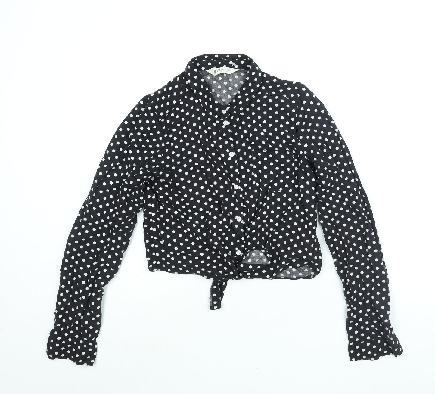 H&M Girls Black Polka Dot Viscose Basic Button-Up Size 13 Years Collared Button - Tie Detail