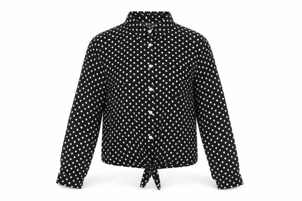 H&M Girls Black Polka Dot Viscose Basic Button-Up Size 13 Years Collared Button - Tie Detail