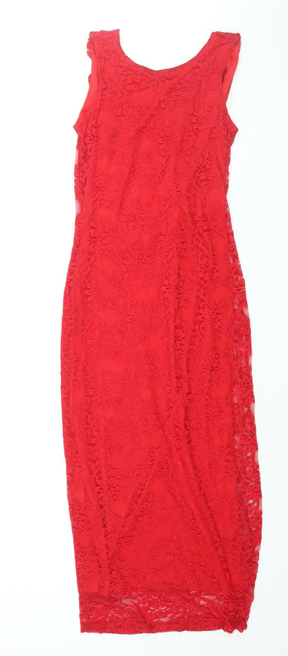 Additional front view of ASOS women’s red nylon bodycon, size UK 12, round neck pullover - cowl back