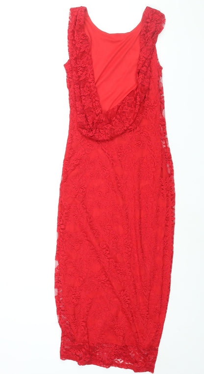 Back view of ASOS women’s red nylon bodycon, size UK 12, round neck pullover - cowl back