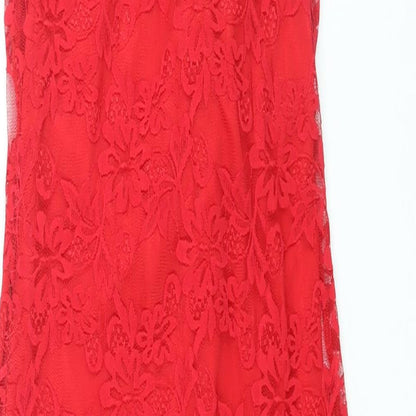 Close-up detail of ASOS women’s red nylon bodycon, size UK 12, round neck pullover - cowl back