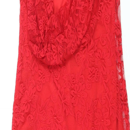 Brand and care label for ASOS women’s red nylon bodycon, size UK 12, round neck pullover - cowl back