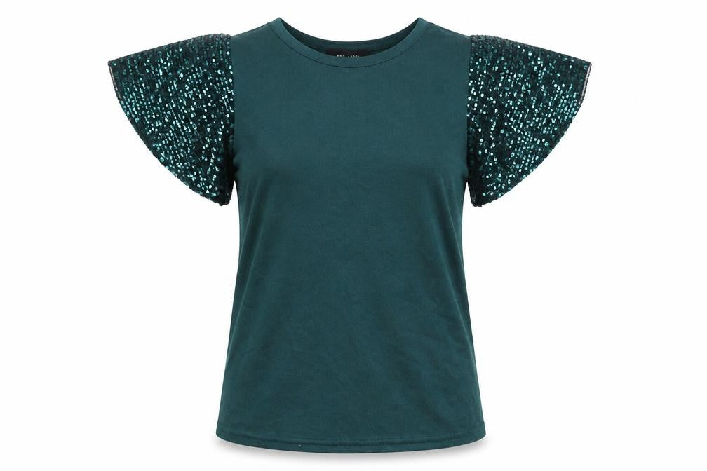 New Look Womens Green Polyester Basic Blouse Size 10 Round Neck - Sequin Sleeve