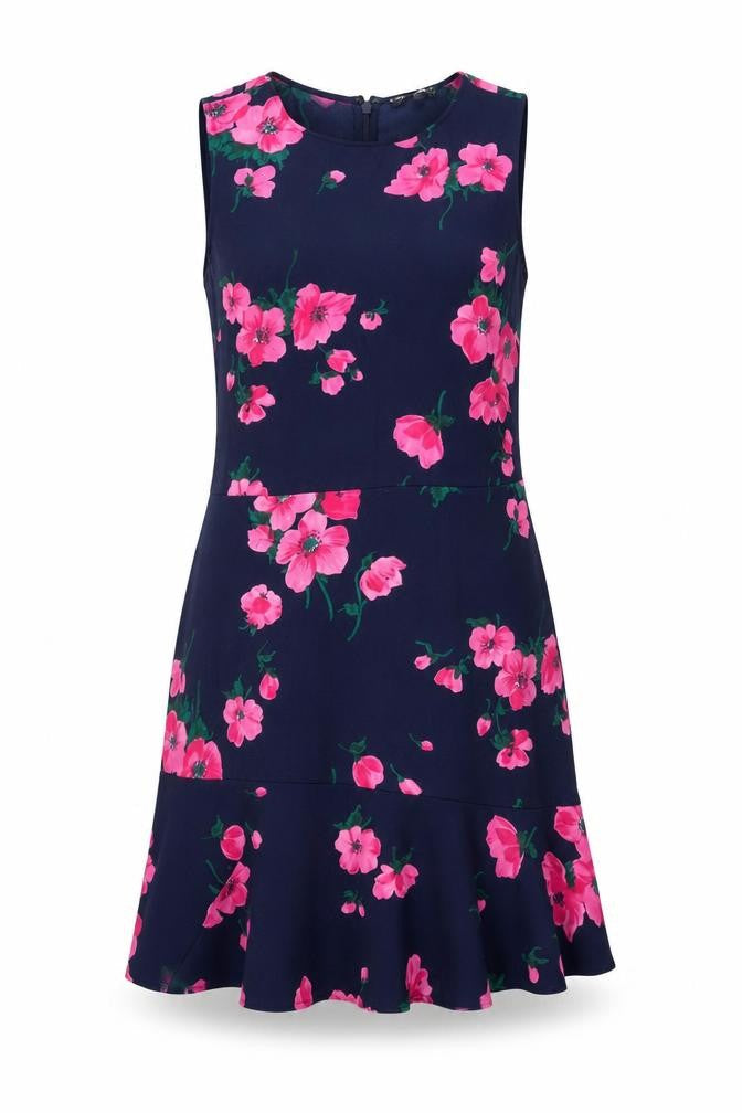 Warehouse Womens Black Floral Polyester Shift Size 12 Round Neck Zip
