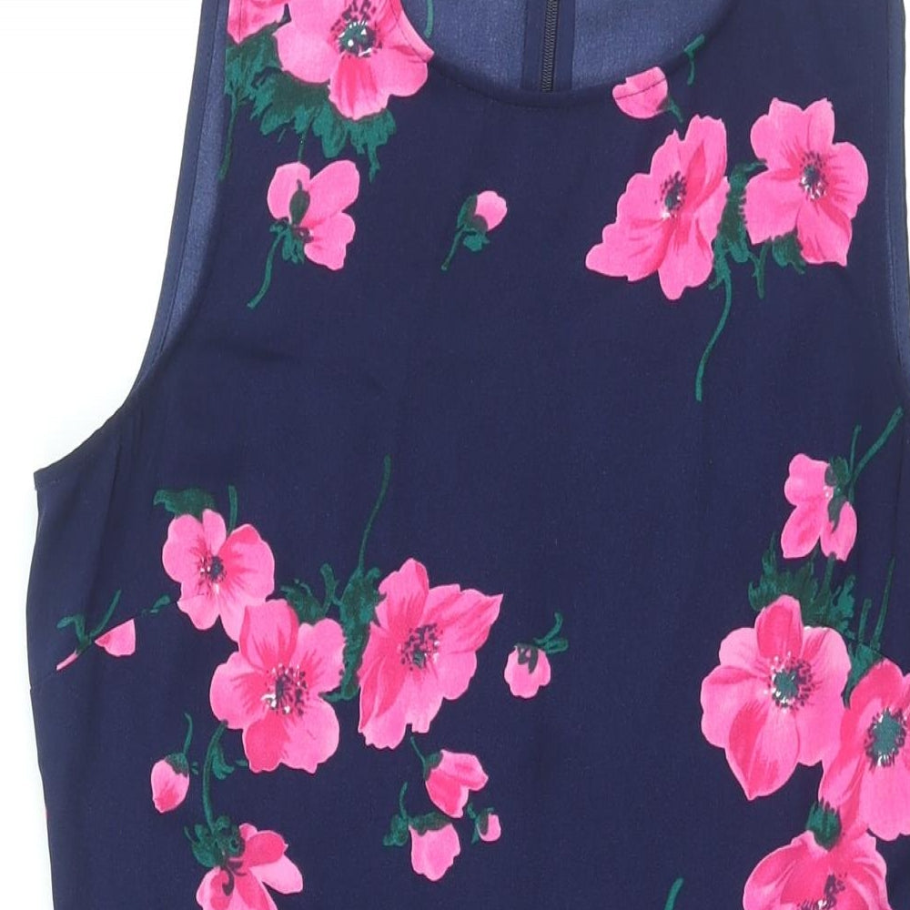 Warehouse Womens Black Floral Polyester Shift Size 12 Round Neck Zip
